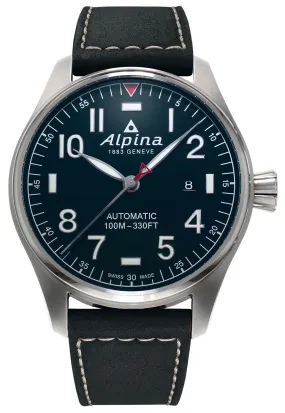 Alpina Startimer Pilot Automatic Stainless Steel Black Leather Strap Blue Dial Date Mens Watch AL-525NN4S6