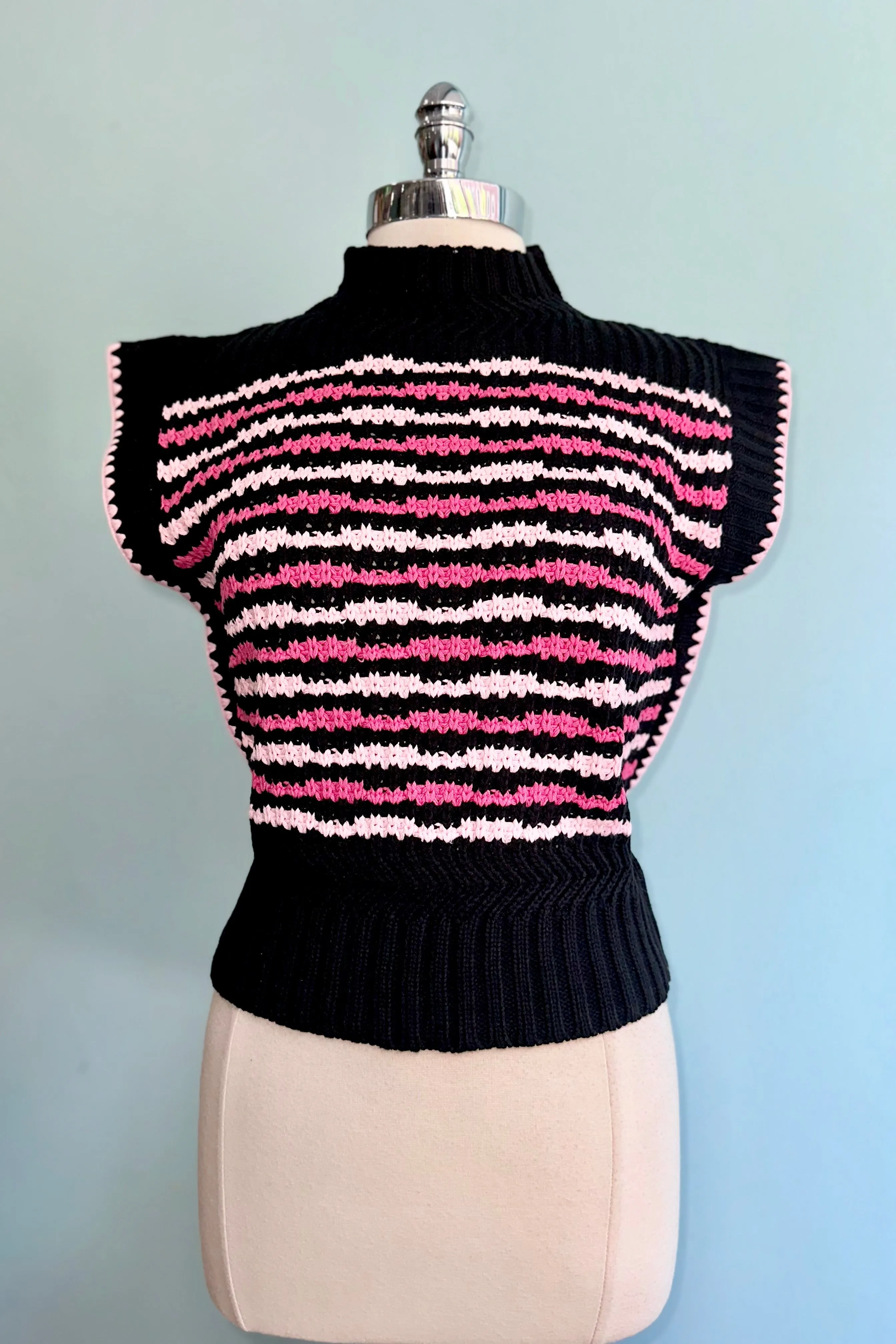 Black and Pink Contrast Stitch Sweater Vest