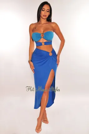 Blue Two Toned Strapless O Ring Cut Out Slit Skirt Two Piece Set