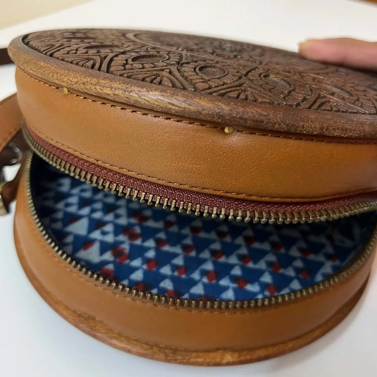 Circular Engraved Wood Sling Bag