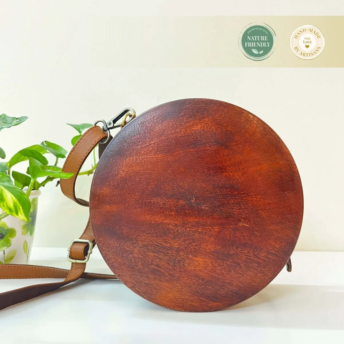 Circular Engraved Wood Sling Bag