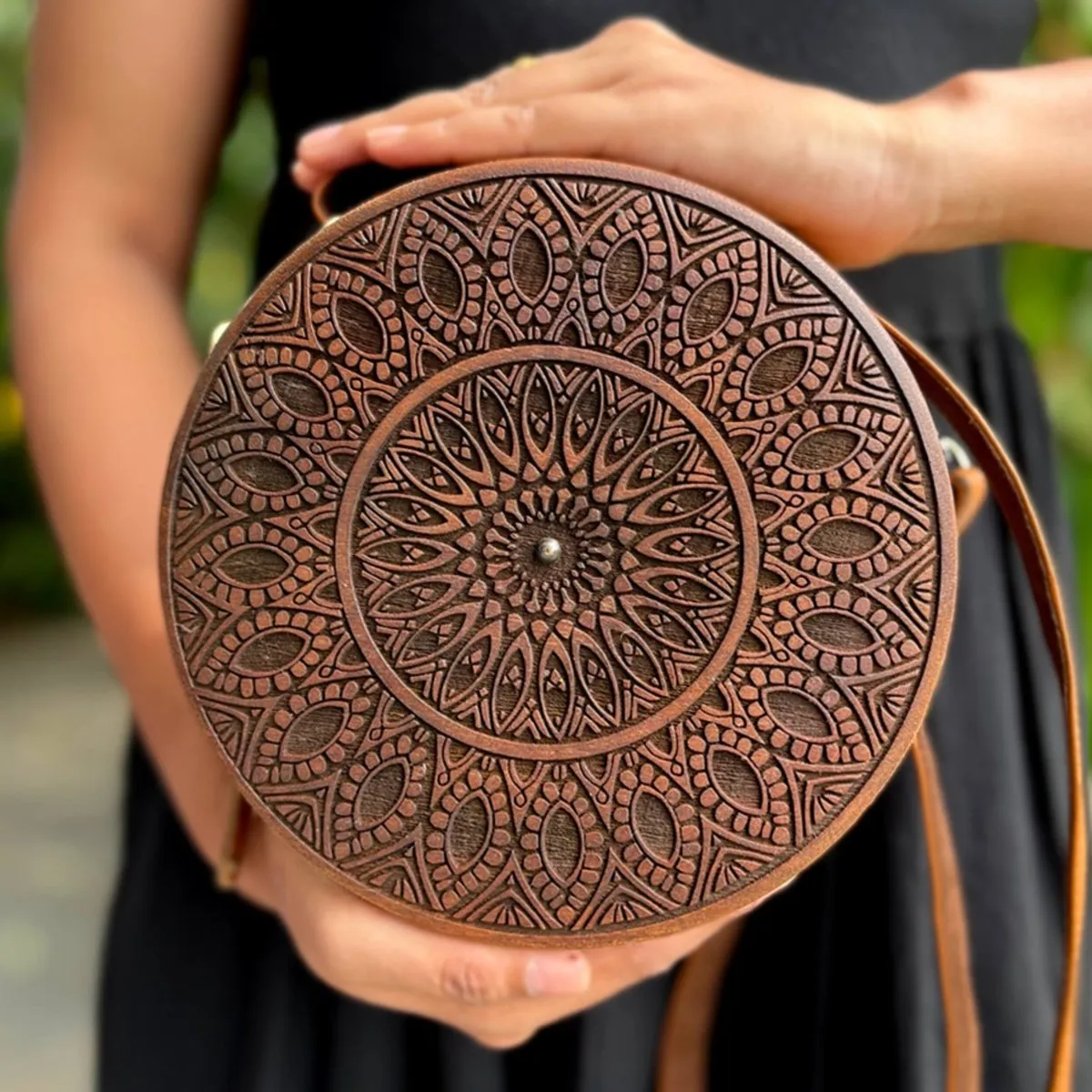 Circular Engraved Wood Sling Bag