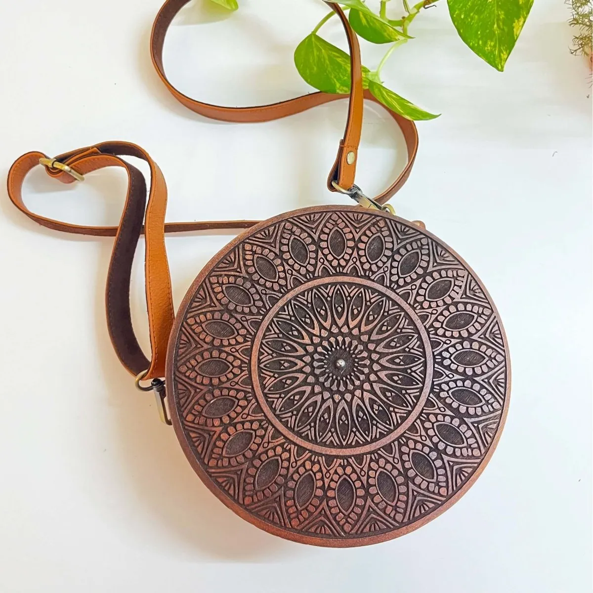 Circular Engraved Wood Sling Bag