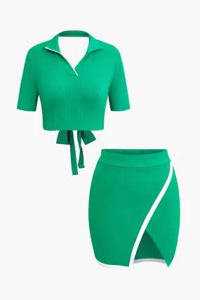 Contrast Backless Top And Slit Asymmetrical Mini Skirt Set