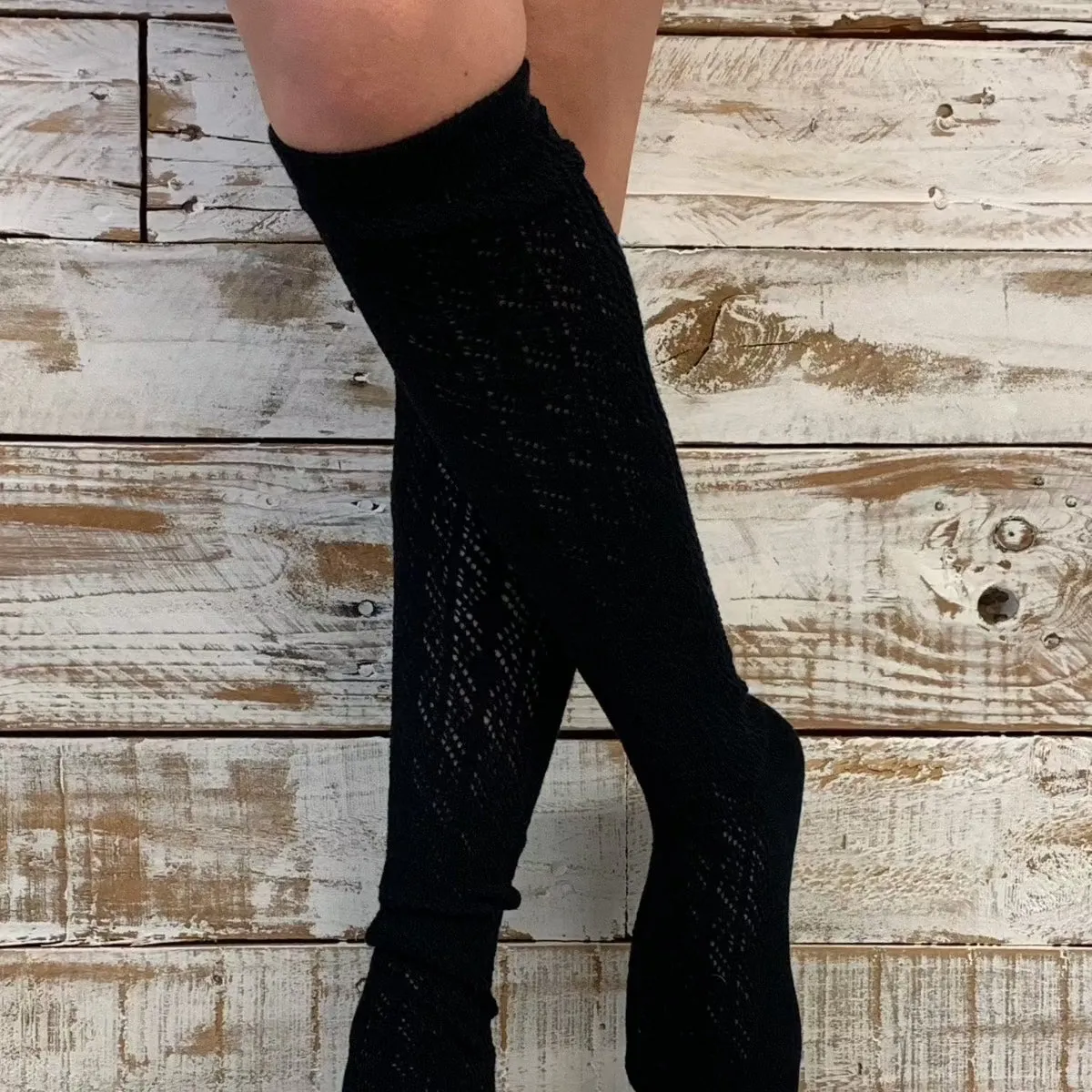 COWGIRL BOOT cute tall knee high socks  - black