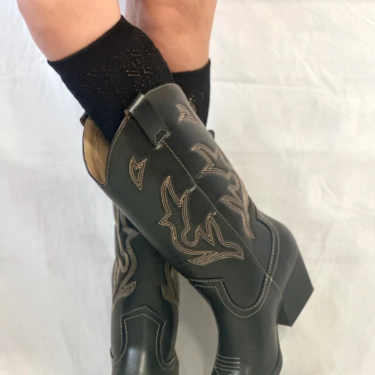 COWGIRL BOOT cute tall knee high socks  - black