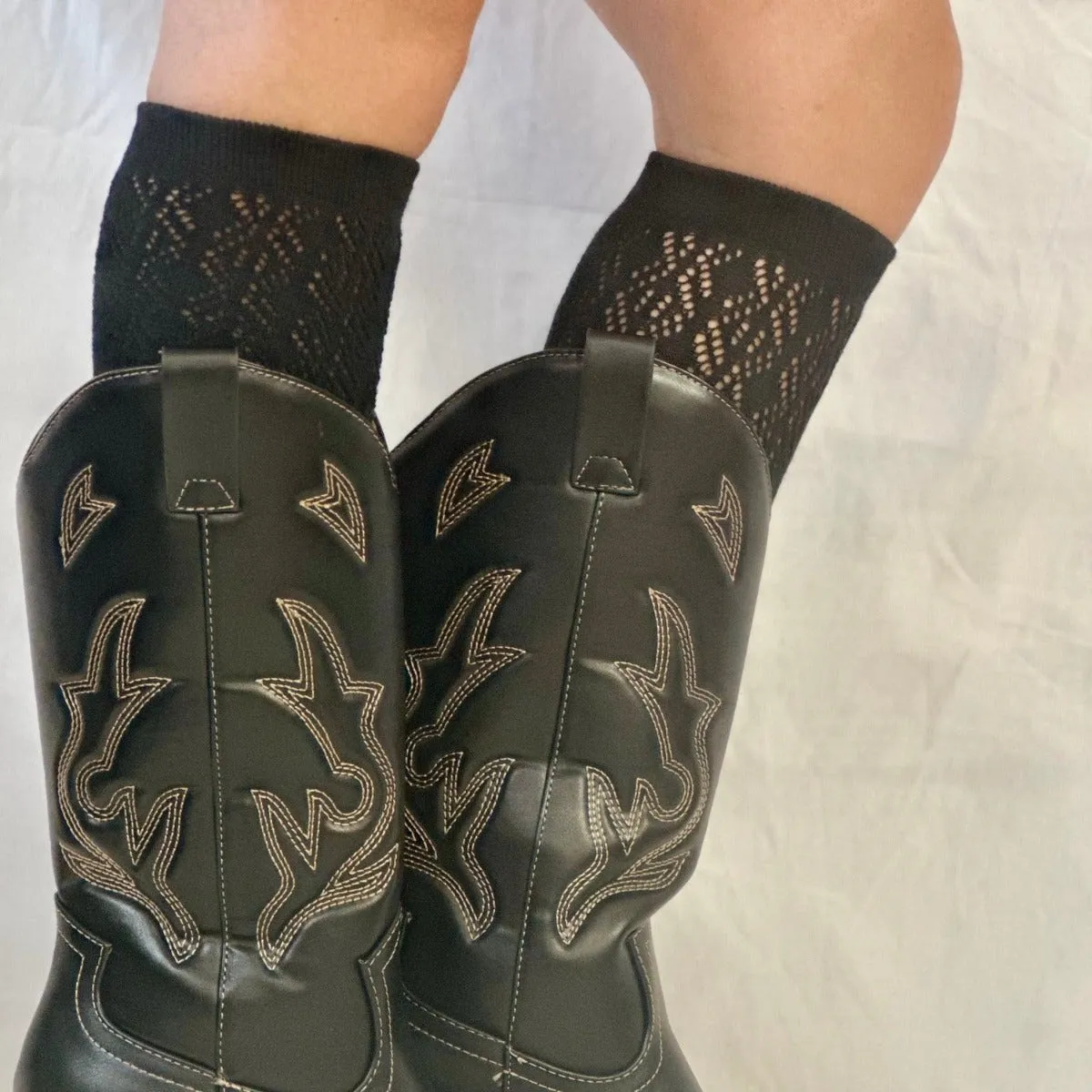 COWGIRL BOOT cute tall knee high socks  - black