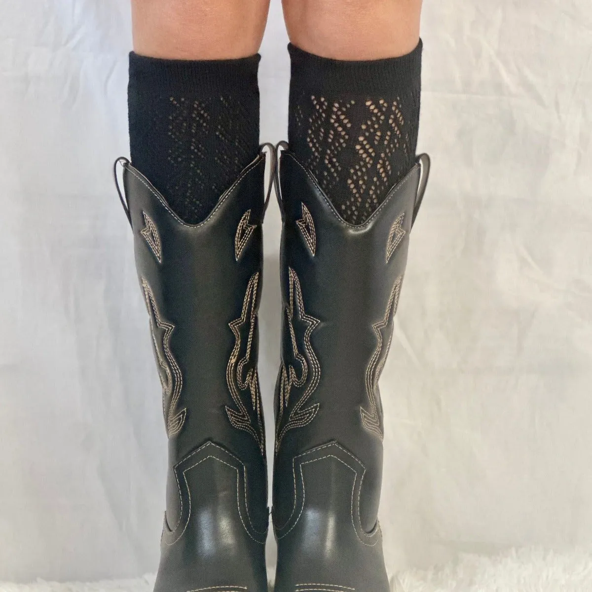 COWGIRL BOOT cute tall knee high socks  - black