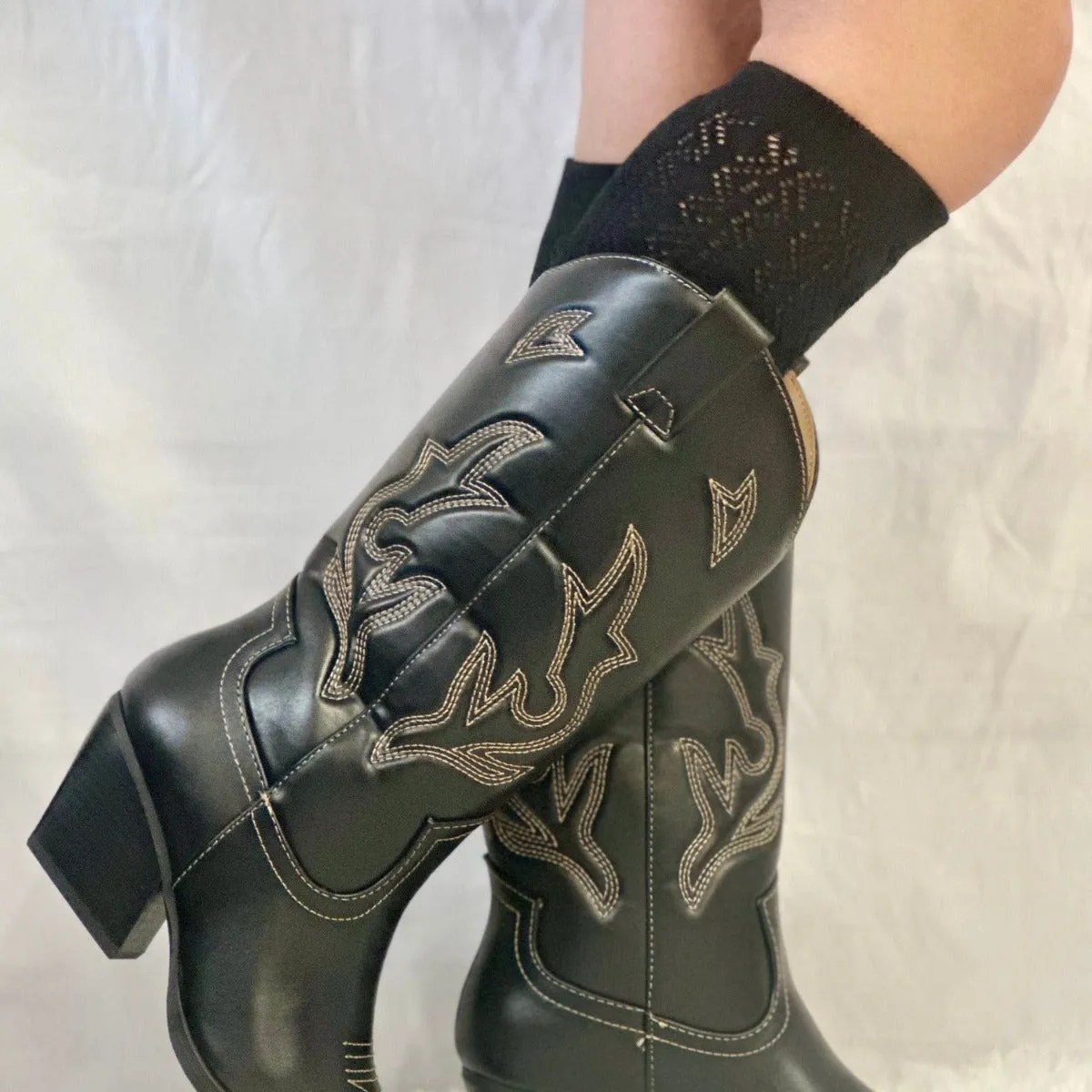 COWGIRL BOOT cute tall knee high socks  - black