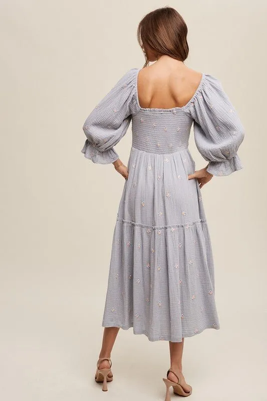 Floral Embroidery Puff Sleeve Maxi Dress