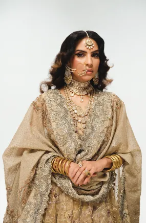 French Beige and Sepia Bridal Ensemble with Farshi Gharara and Peplum