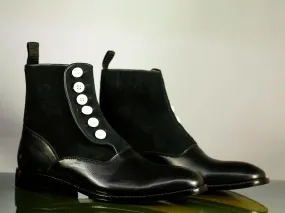 Handmade Men's Black Leather Suede Dress Button Boots, Men Ankle Boots, Men Designer Fashion Boots