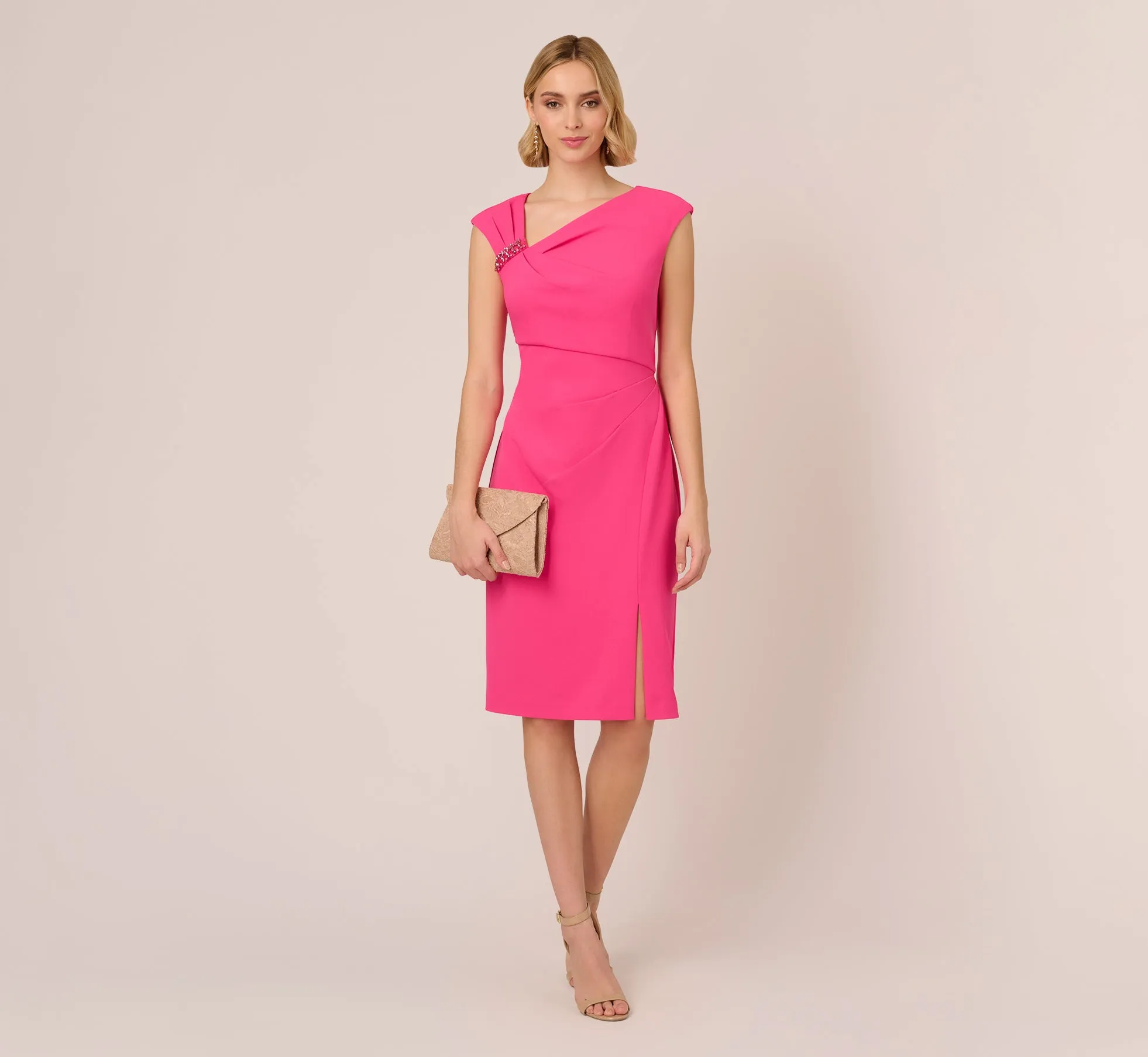 Knit Crepe Sleeveless Midi Dress With Asymmetrical Neckline In Electric Pink