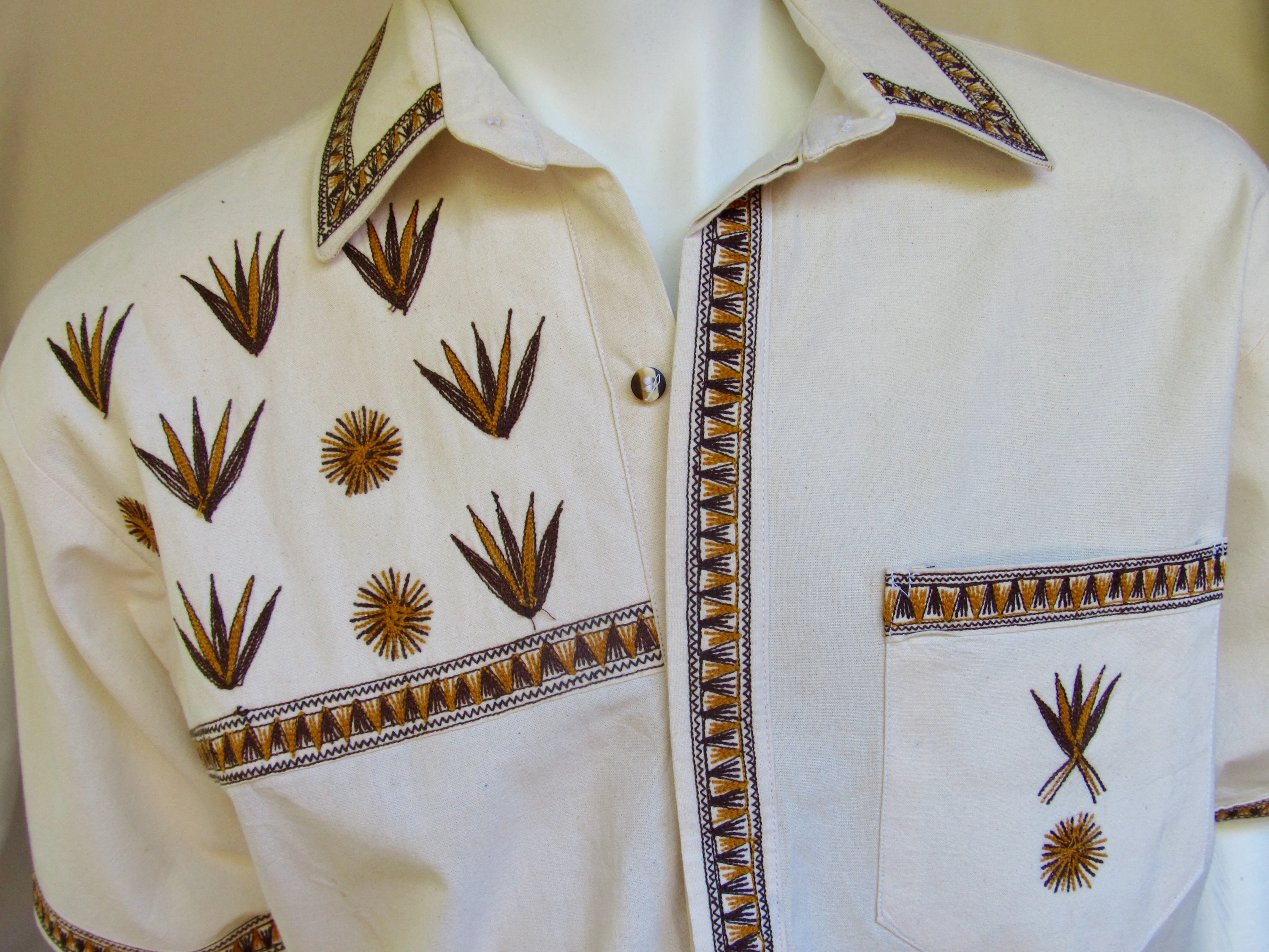 Mezcal Cream Mens Button Up Embroidered Shirt