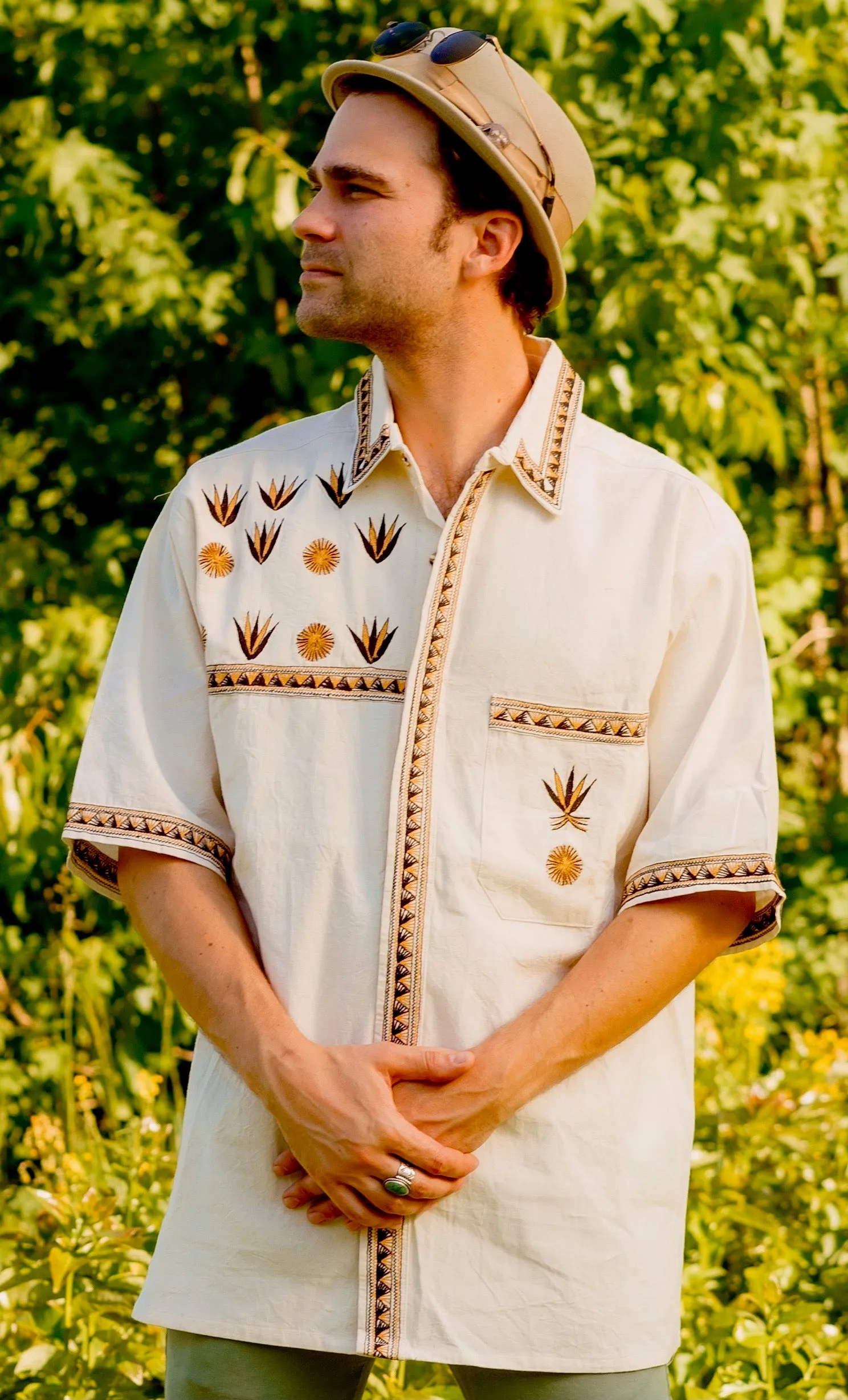 Mezcal Cream Mens Button Up Embroidered Shirt