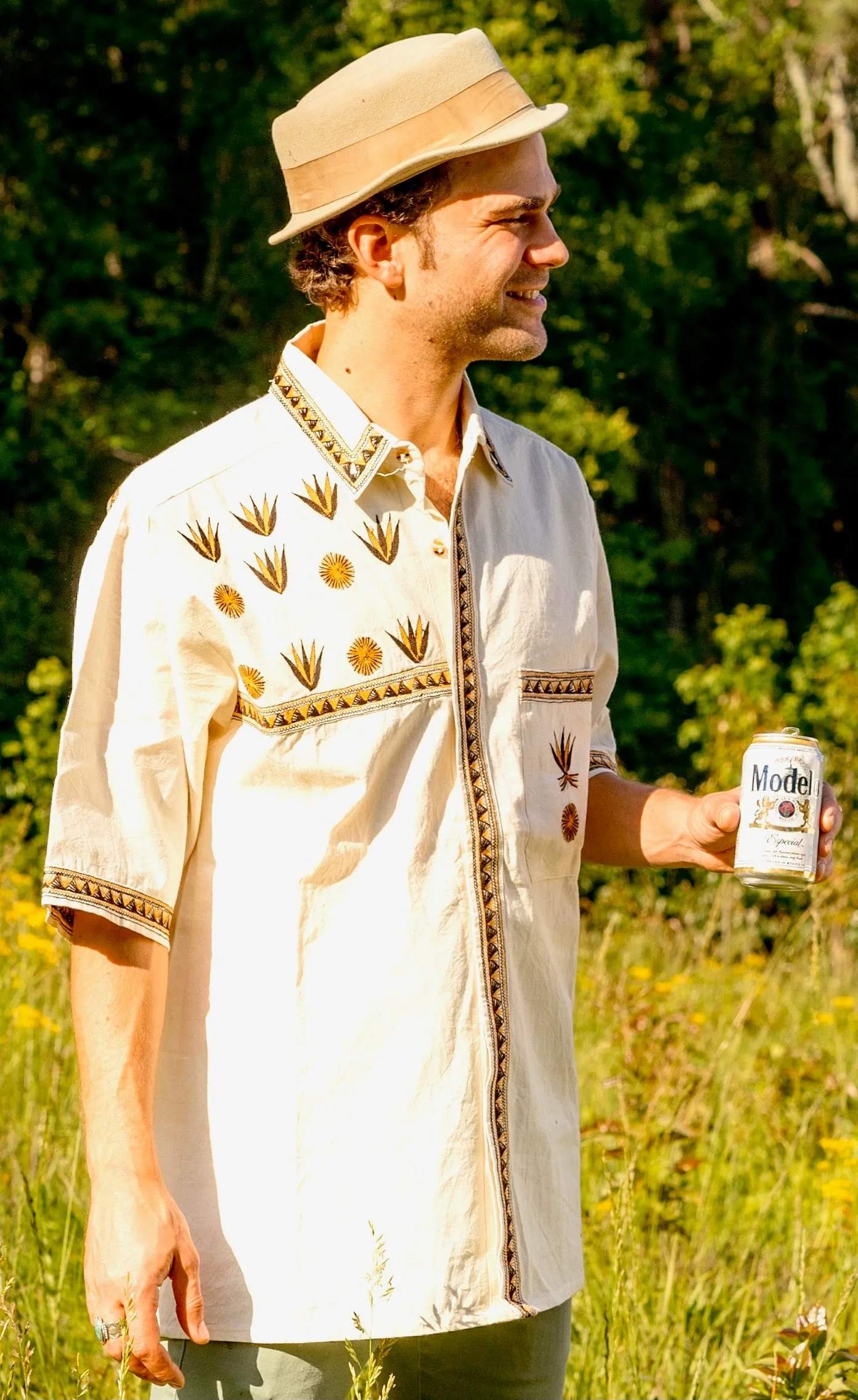 Mezcal Cream Mens Button Up Embroidered Shirt