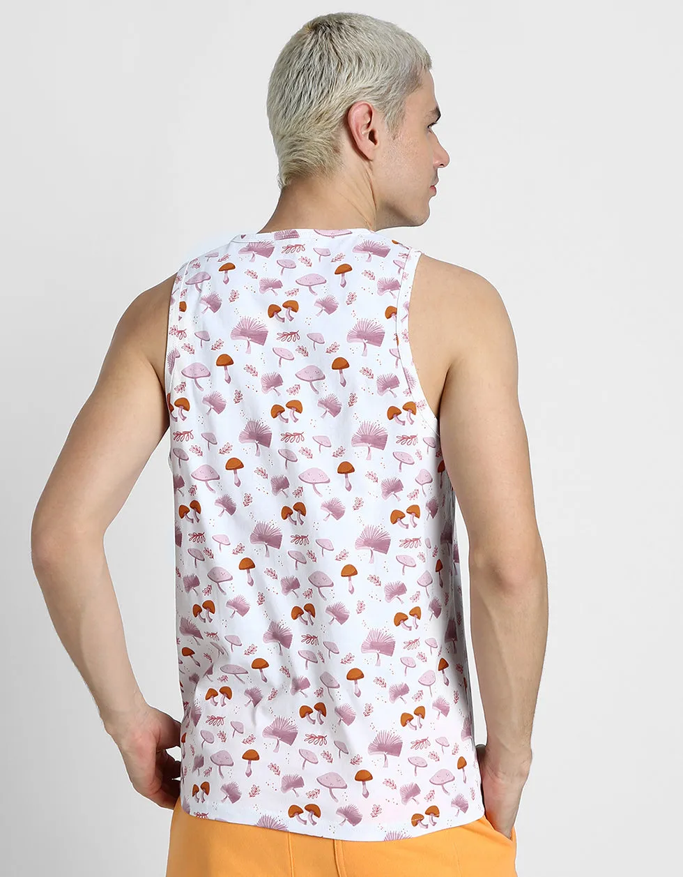 White & Pink Mushroom Printed Gym Vest