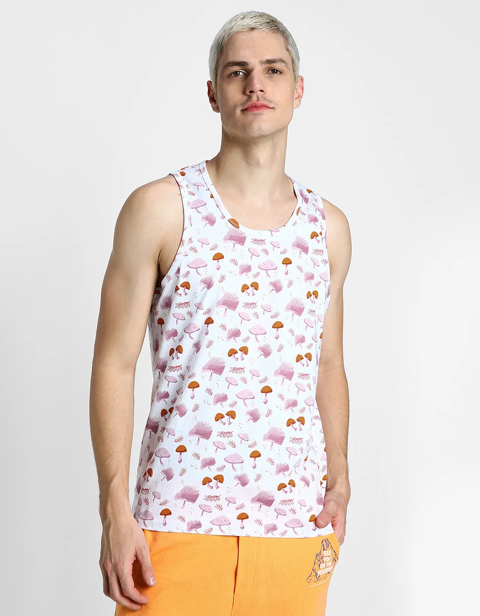 White & Pink Mushroom Printed Gym Vest